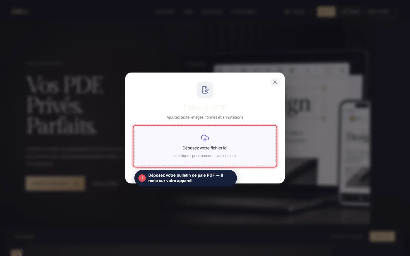 Ventana de importación de Editoc: zona «Suelta tu archivo aquí» para cargar una nómina en PDF que permanece en tu dispositivo