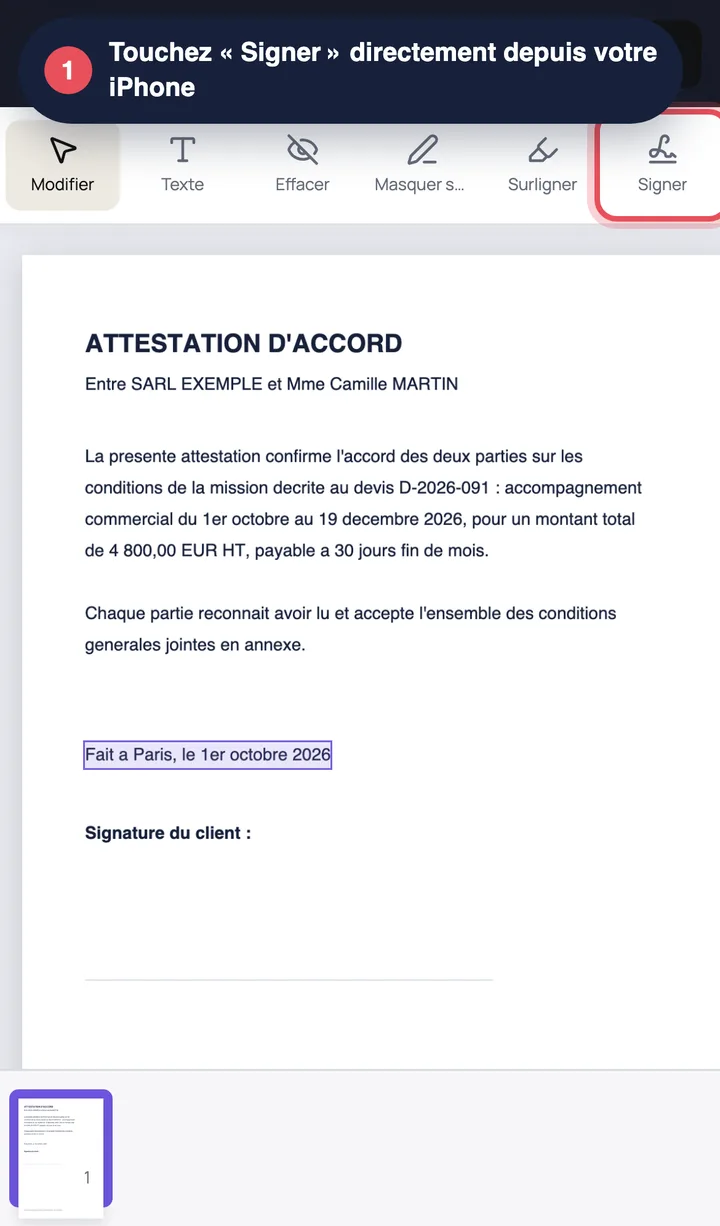Editor de PDF Editoc num iPhone com o botão Assinar em destaque na barra de ferramentas