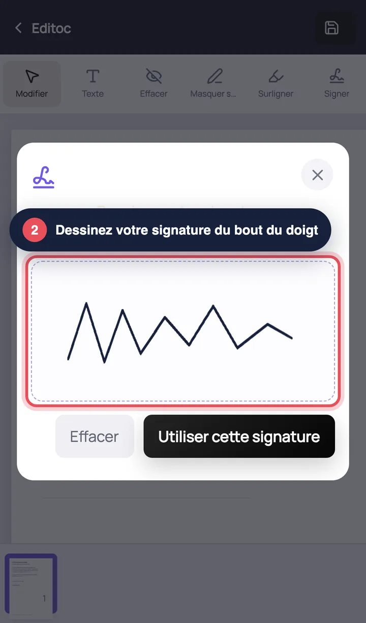 Janela de assinatura do Editoc no iPhone: uma assinatura manuscrita desenhada com o dedo no ecrã tátil
