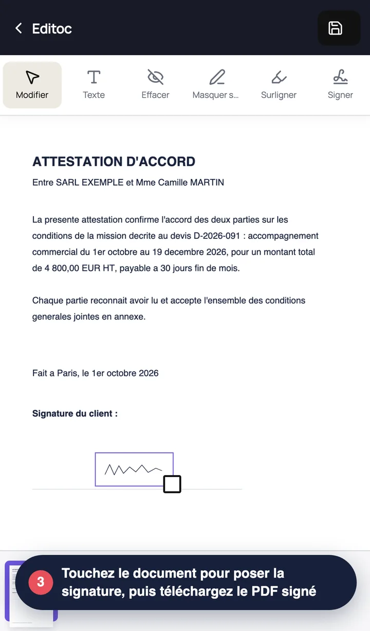 Assinatura manuscrita colocada na linha «Assinatura do cliente» de um documento PDF no Editoc no iPhone